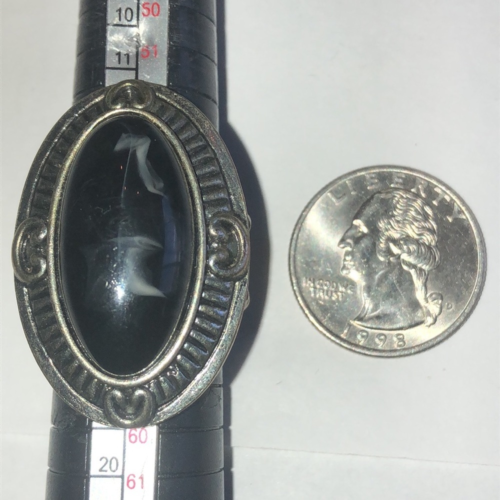Silver Tone Oval Black Stone Boho Statement Ring - Picture 5 of 6